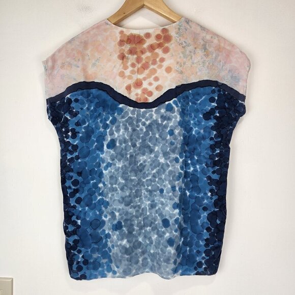 Rachel Rose Silk Blouse Womens S Hand Painted Watercolor Pink Blue Cap Sleeve - Picture 2 of 10